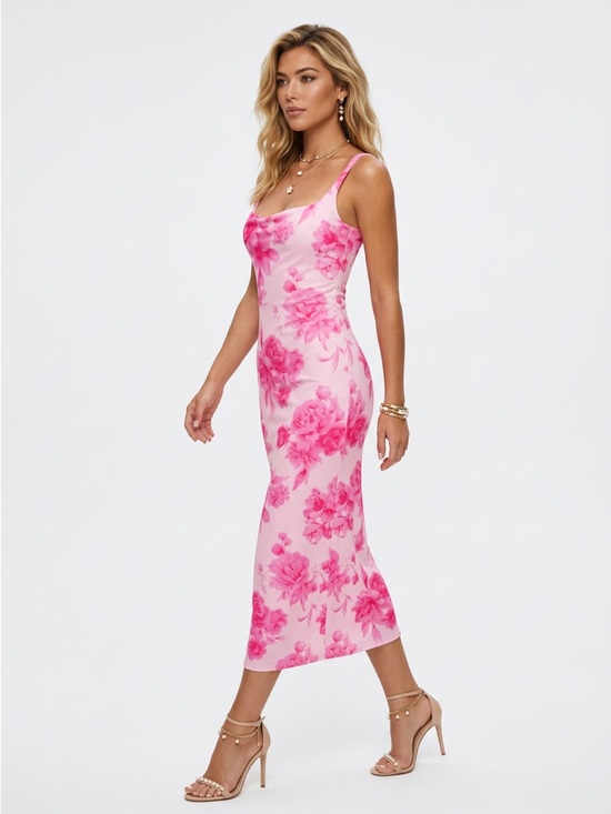 Dresses & Skirts - Sleek Pink Floral Midi Dress